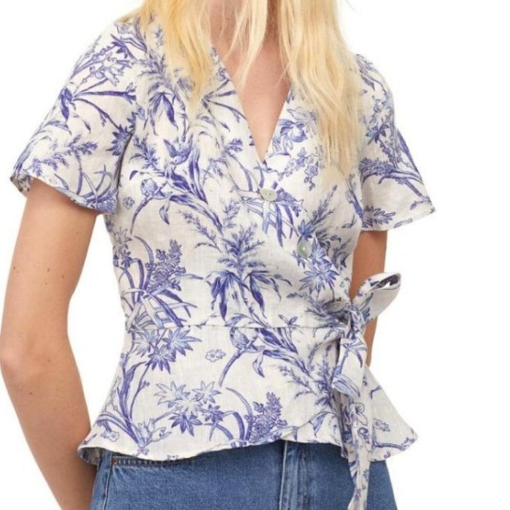 💯 linen toile Peplum wrapover blouse sz S